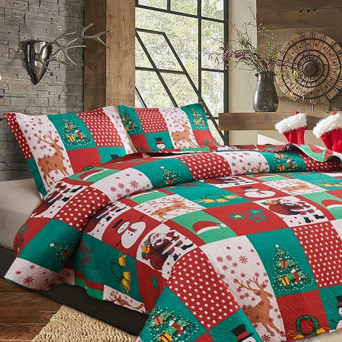 Christmas Bedding Set Queen Size Christmas Quilt Bedspread Holiday Xmas Bedding Plaid Patchwork Rustic Lodge Cabin Snowman Santa Claus Festival Decor Lightweight Reversible Bedspread Coverlet Red