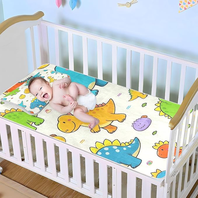 Beige Cute Dinosaur Cooling Baby Mattress Cover 28" x 52" Reusable Crib Bumper Pads for Baby&Toddler