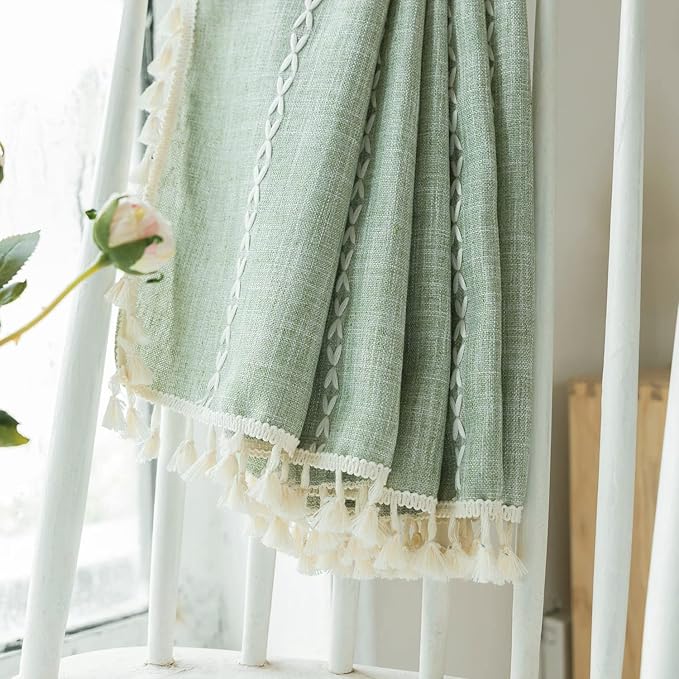 Deeprove Green Boho Curtains 84 Inches Long for Bedroom Living Room, Cotton Linen Weighted Stripes Embroidery, Semi Blackout Bohemian Farmhouse Window Treatment Drape Tassels 1 Panel W52 x L84 Sage