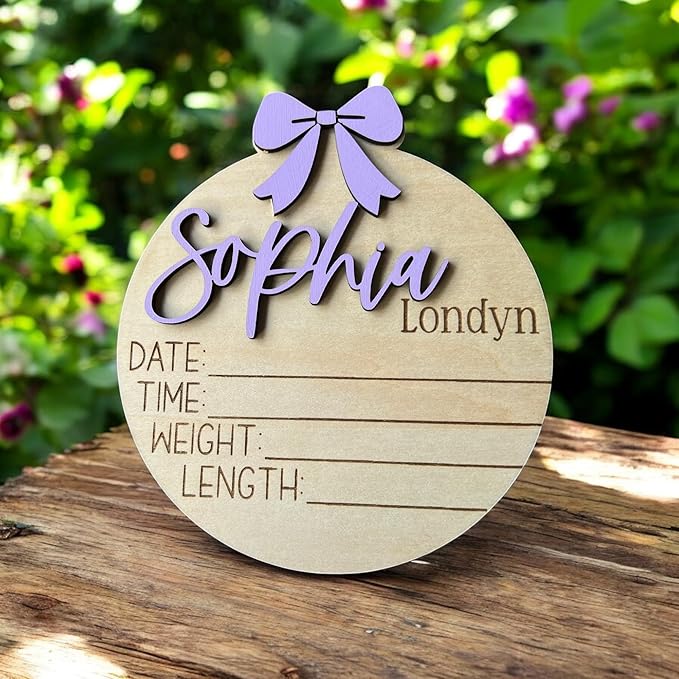 Personalized Bow 3D Baby Girl Name Announcement Sign – Custom Newborn Birth Stats – Hospital Photo Prop – Multiple Sizes & Fonts – 30 Color Options (Name Sign + Stat Sign Bundle)