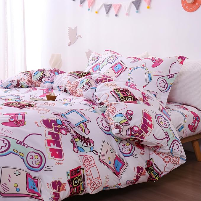 JSD Pink Gamer Kids Duvet Cover Set Full Size, 3 Piece Soft Printed Microfiber Comforter Cover with Pillow Sham Zipper Closure, Comforter Not Included