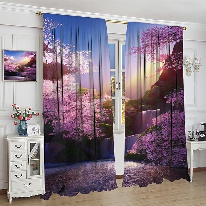 Landscape Waterfall Blackout Curtains, Watercolor Blossom Cherry Flower Forest Pattern Rod Pocket Window Drapes, for Bedroom Living Room 42" W X 54" L