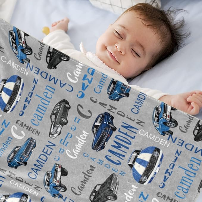 Personalized Car BlanketWith Name for Boys,Custom Name Blanket for Kids,Soft Flannel Car Toddler Blanket Customized Gift for Birthday Christmas Baby Shower Newborn Gift 60in X 80in 2-car Gray