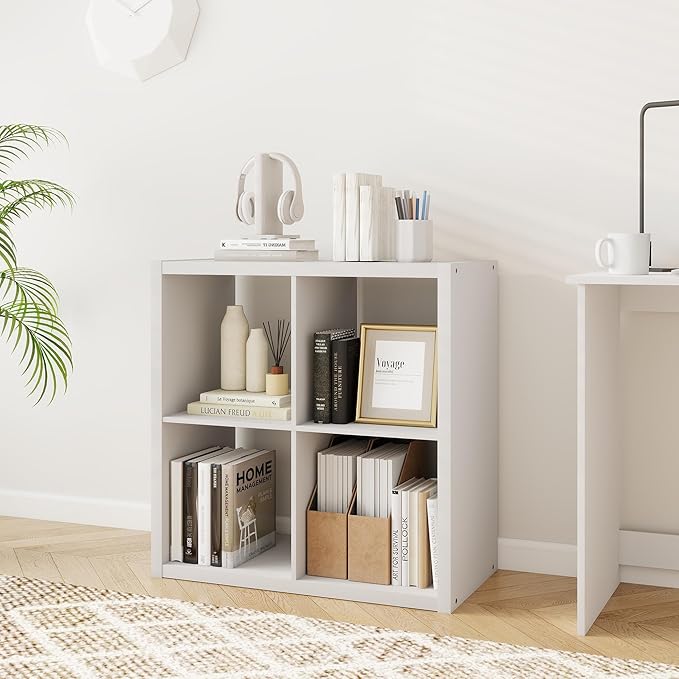 2 x 2 White Cube Storage Organizer, 14.6" x 30" x 30" Wood Cubby Shelf with Four Organized Spaces, Four Cube Organizers Bookcase for Bedroom, Living Room, Playroom, White
