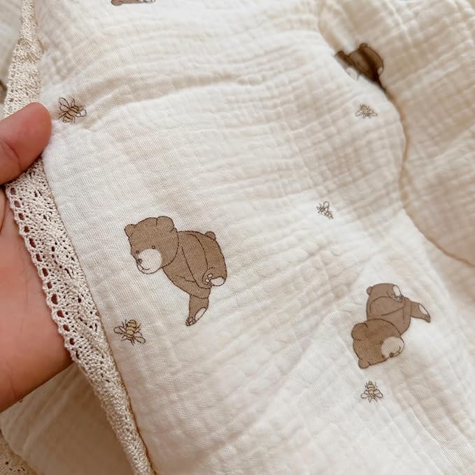 BuLuTu 100% Muslin Toddler Quilt Thin Crib Comforter Girls Boys Quilted Blankets, 60"x78", 2.5 Pounds, Soft Breathable Muslin Cotton Quilts, Bee Bear Pattern, Machine Washable