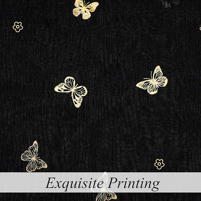Jubilantex Black and Gold Butterfly Sheer Curtain Panels 52 Inches Wide for Kids Girls Bedroom, Elegant Gold Print Voile Rod Pocket Curtains, 63 Inch Long, Set of 2