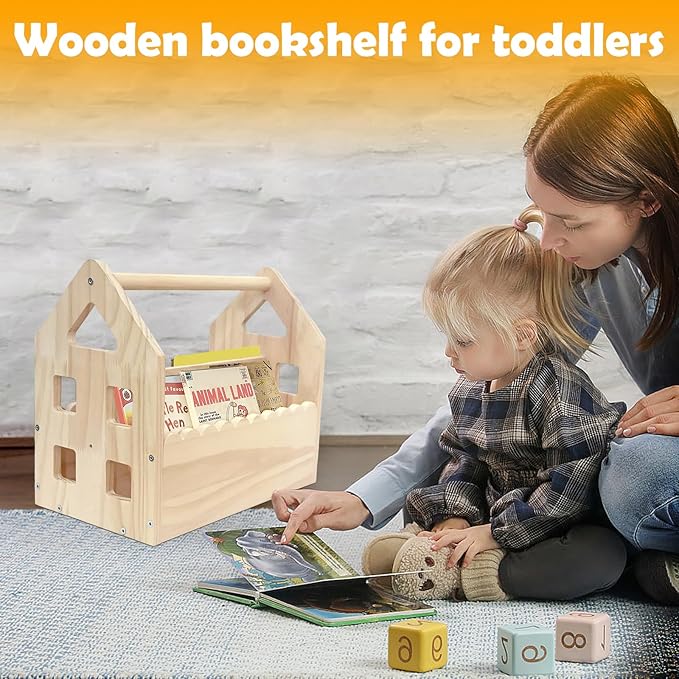 Double-Sided Montessori Scalloped Bookshelf for 1-5 Years, Nursery Cute Storage for Books, House Shape Wooden Nursery Small Bookshelf, Room Furniture, Baby Bookcase 12 * 11.6 * 7.9"