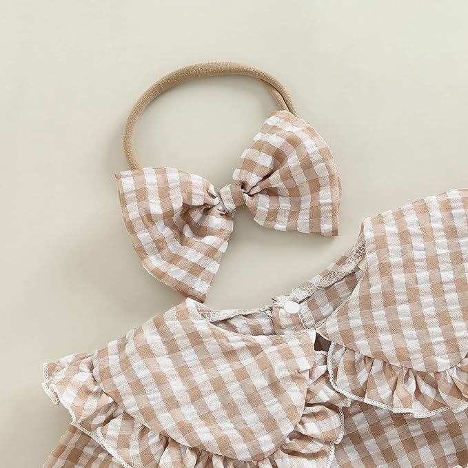 Karuedoo Newborn Baby Girl Clothes Gingham Plaid Bubble Romper Long Sleeve Ruffle Bodysuit with Headband Spring Fall Outfit
