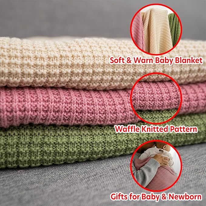 Baby Knit Blanket, 100% Cotton Waffle Patterns, Soft, Cozy, Lightweight Swaddle for Newborn & Infant Swaddling Beige Neutral, Perfect Baby Shower Ideas Rose Pink 30x30