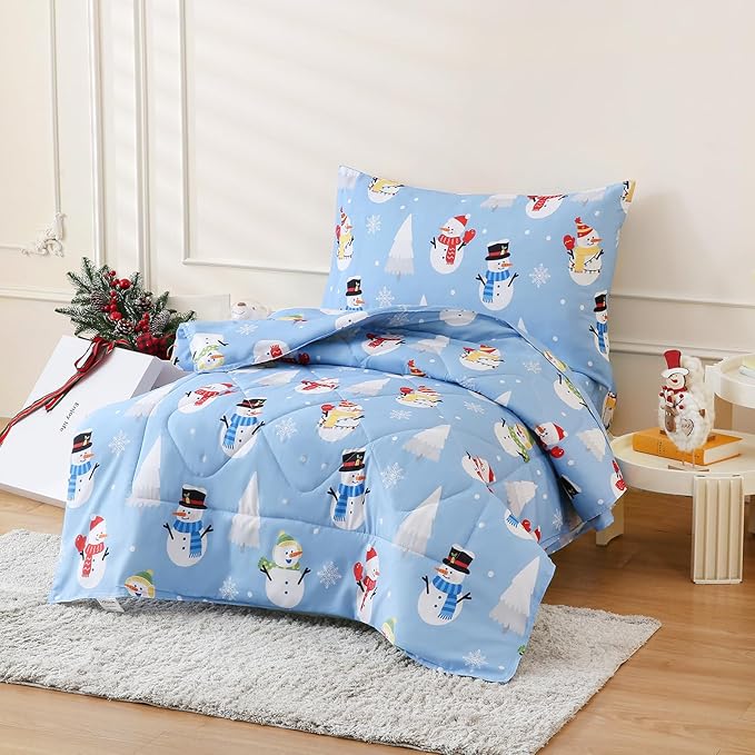 LONAVA Winter Twin Kids Comforter Set - 4 Pieces Twin Bedding Sets for Boys Girls Children, Ultra Soft Microfiber Bed in A Bag with Flat Fitted Sheets, Snowman