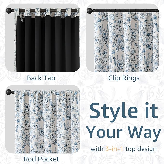 jinchan Floral Blackout Curtains for Bedroom Living Room 63 Inches Length Farmhouse Curtains Room Darkening Vintage Short Drapes Traditional Rod Pocket Window Treatment 2 Panels Set Blue on Beige