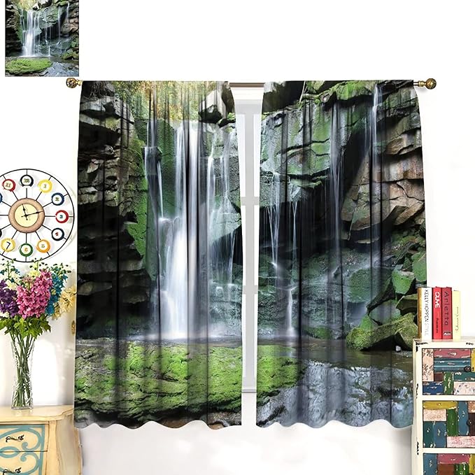 Forest Waterfall Blackout Windows Curtains, Rocky Waterfall to Pond Running Off Scenic Nature Themed Picture Print Curtains, for Living Room Bedroom 63x72in 2 Panels