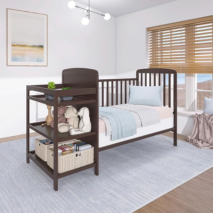Dream On Me Anna 4 in 1 Full Size Crib and Changing Table Combo in Chocolate Chip, Greenguard & JPMA Certified, Converts from Baby Crib to Toddler Bed and Day Bed