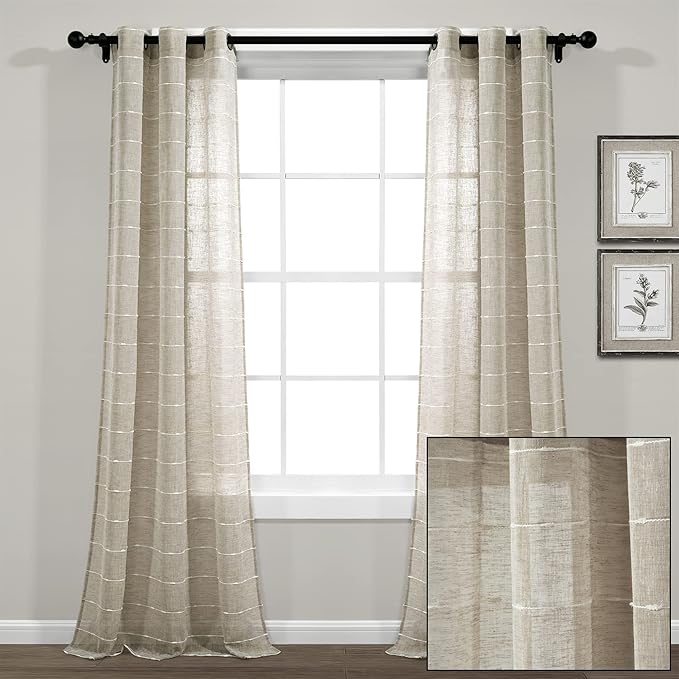 Lush Decor Farmhouse Textured Grommet Sheer Window Curtain Panel Pair, 38"W x 95"L, Neutral