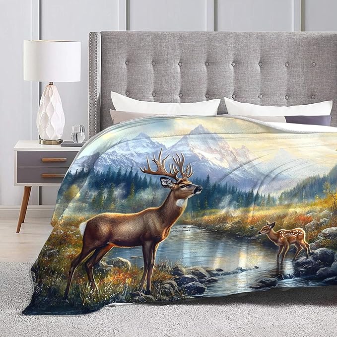 Tijuboni Elk Deer Throw Blanket Mountain Cabin Gifts for Women Men Girls Boys Kids Adults Soft Flannel Fleece Blanket for Couch Sofa Bed Home Decor 50"x60"