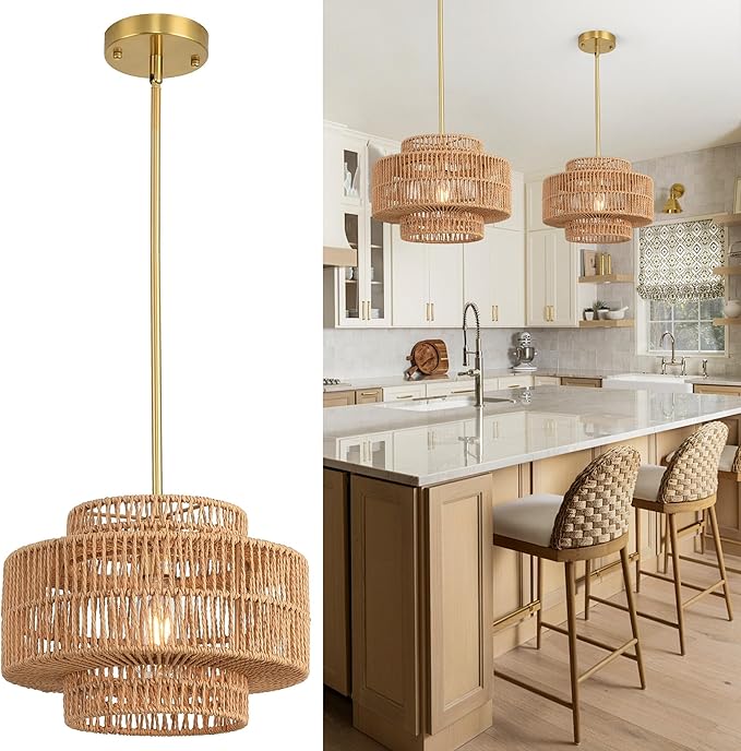 12.4”Boho Rattan Chandelier for Dining Room, 1-Light Hand Woven Pendant Light Fixture Farmhouse Rustic Ceiling Hanging for Kitchen Island Bedroom Living Room Nursery Foyer