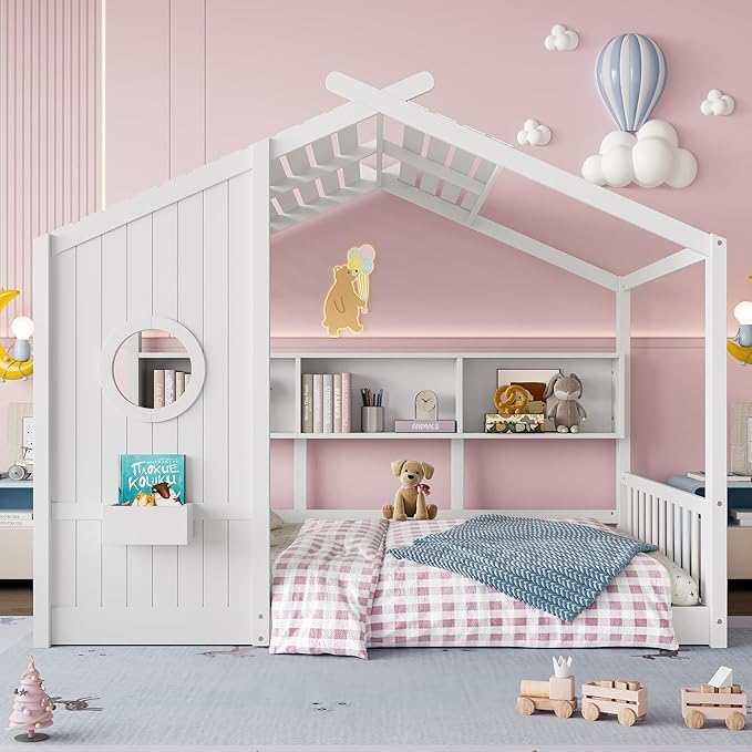 Full Size House Bed with Storage Shelves for Kids,Kids Montessori Floor Bed, Cute Wood House Bed Frame Full with Roof for Girls,Boys,Can be Decorated,White