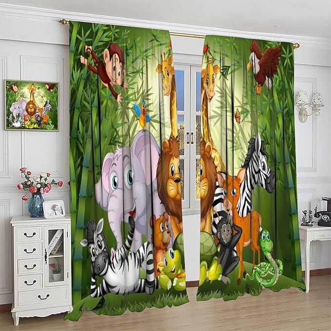 Cartoon Animal Curtains, Cute Animals Bamboo Forest Blackout Window Treatments, Rod Pocket Thermal Insulated Drapes 2 Panel Sets for Kids Room Nursery Classroom, 72" W X 63" L