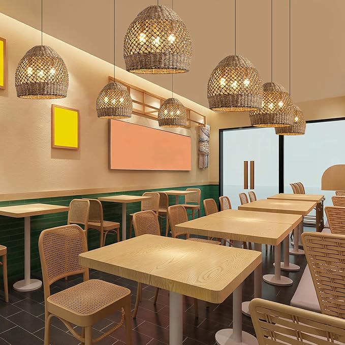 Rattan Pendant Light 13.39" Boho Coastal Hanging Wicker Hand-Woven Seagrass Chandelier for Kitchen Islands Farmhouse 3-Light
