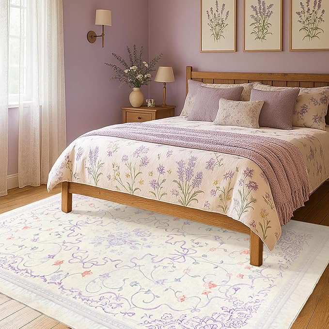 Pastel Purple Rug for Bedroom Dorm Kids Play Room - Light Lavender Blue Pink 5x7 Washable Whimsical Fairy Bow Floral Fun Area Rug for Girls Room Nursery Toddler