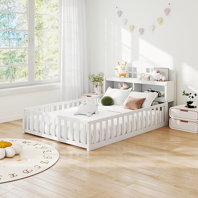 mikibama Twin Floor Bed for Kids, Wooden Montessori Bed Frame with Headboard Bookcase, Storage Shelves & Safety Fence Rails, Kids Floor Bed Frame with Door for Girls, Boys, White