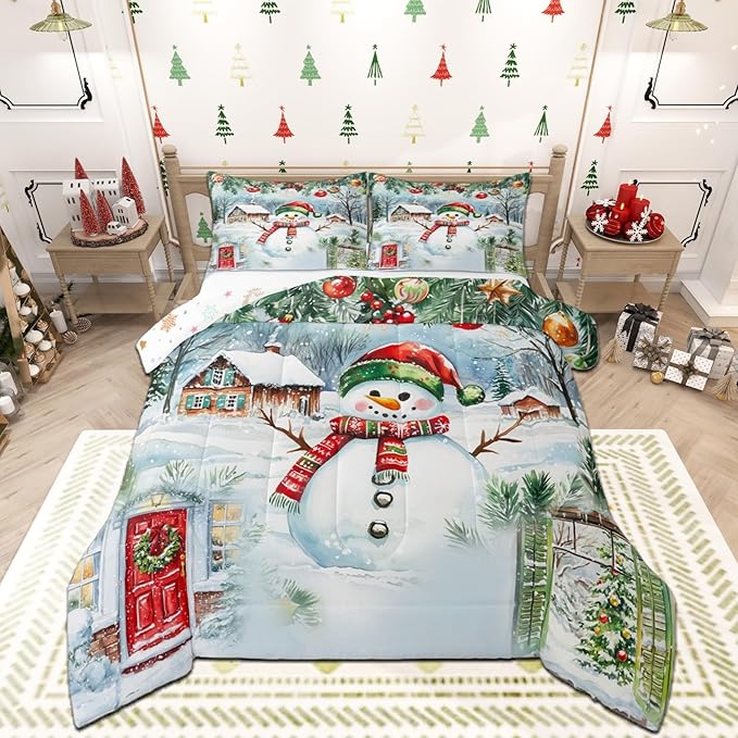 Castle Fairy Merry Christmas Comforter Set Twin Size,Watercolor Cute Snowman Pine Trees Bedding Set for Kids Boys Men,Xmas Cartoon Decor Natural Quilted Duvet Set with 1 Pillowcase