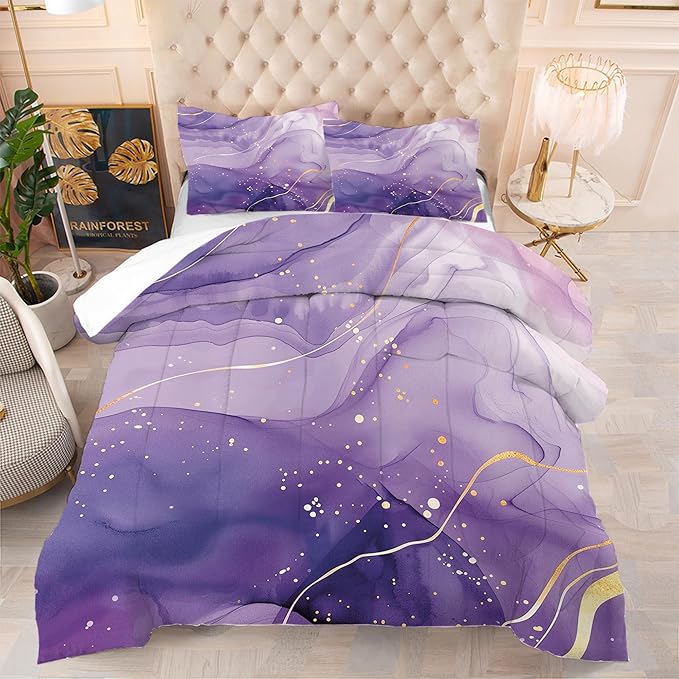 Purple Marble Comforter Set: Full Size Abstract Lavender Bedding Sets Luxury Gold Glitter Aesthetic Marbling Swirl Duvet Bed Set for Teen Girls Women Bedroom Decor 3 Piece