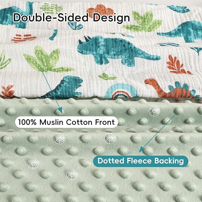 david's kids Muslin Minky Baby Blanket for Boys Girls with Muslin Cotton Front and Dotted Fleece Backing, Breathable and Soft Lightweight Receiving Blanket for Newborns, 30x40 Inches, Dinosaur