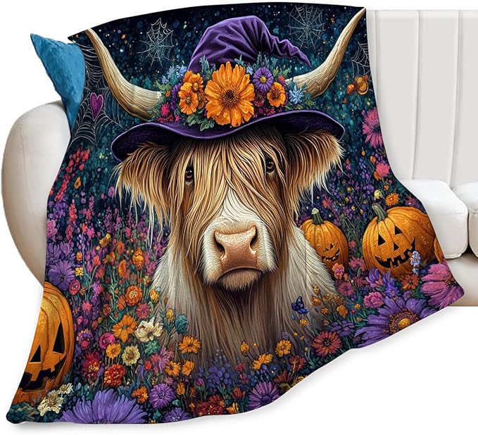 Tijuboni Halloween Highland Cow Pumpkin Throw Blanket for Girls Boys Women Men Kids Adults Soft Flannel Fleece Blanket for Couch Sofa Bed Home Decor 40"x50"
