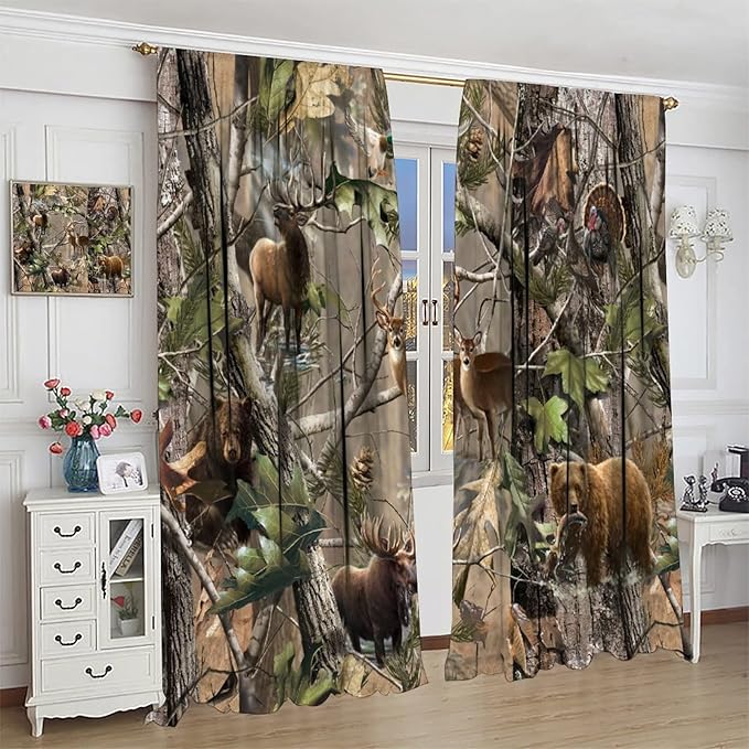 Retro Forest Window Curtains, Camouflage Hunting Tree Camo Rustic Deer Elk Bird Bear Blackout Rod Pocket Windows Door Curtain for Bedroom Living Room Home Decor 72x63in