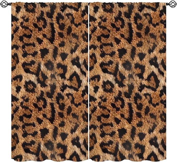 Leopard Print Window Curtains, Animal Fur Skin Brown Farmhouse Wild 3D Rustic Safari Theme Window Treatments for Kids Bedroom Living Room 63" W X 72" L