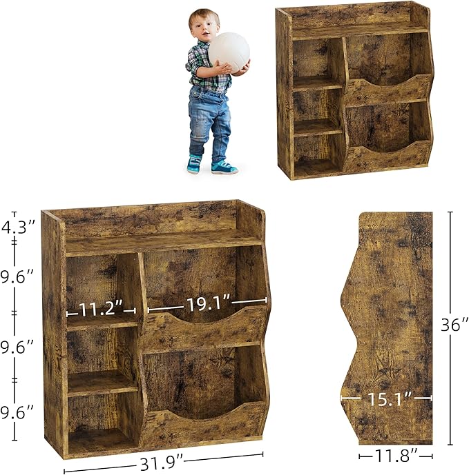 Kids Bookshelf, 32" 3-Tier Toy Storage Cabinet, Wooden Cube Storage Organizer with 5 Cubes and Spacious Top Shelf for Children's Room, Playroom, Hallway, Kindergarten, Bedroom, Playroom
