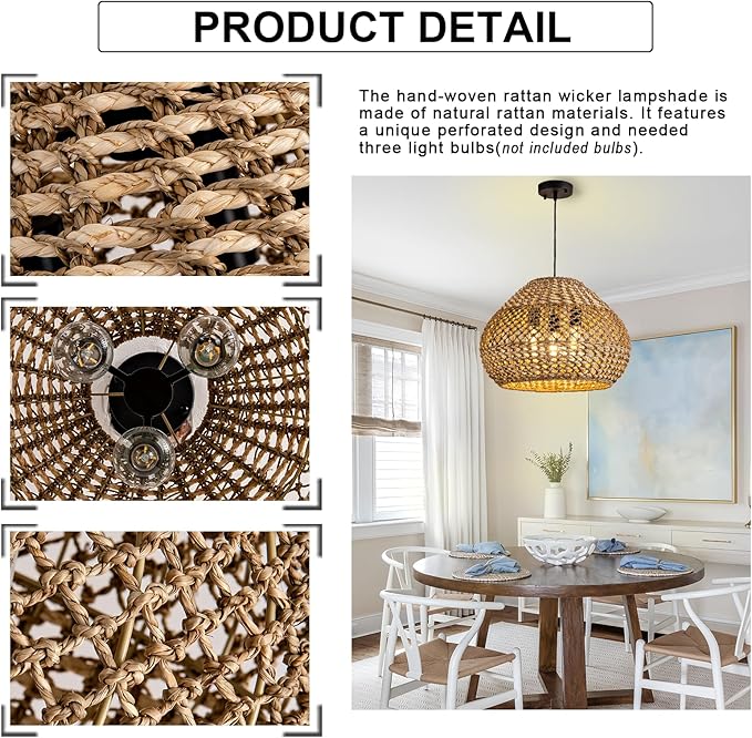 19 Inch Rattan Chandelier Large, 3-Light Round Farmhouse Rattan Chandelier Dome Light Fixtures Ceiling for Living Room Dining Room Bedroom Kitchen Island Restaurant