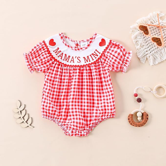 Newborn Baby Girl Romper Mamas Mini Bow Plaid Print Puff Sleeve Smocked Bubble Romper Jumpsuit Bodysuit Clothes