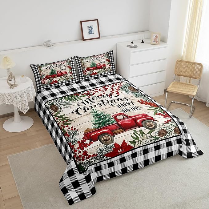 Manfei Red Truck Comforter Set Twin Size, Christmas Theme New Year Quilt Set with 1 Pillowcase, Grey Plaid Print Bedding Set 2pcs for Kids Boys Girls Bedroom Decor