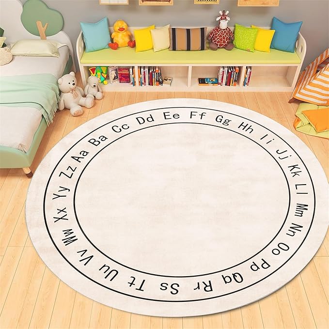 Children's Room Round Rug,4ft,Children's ABC Letter Educational Learning Round Rug, Non-Slip Washable Children's Room Play Rug, Suitable for Bedroom, Playroom, Boys and Girls Room Decoration