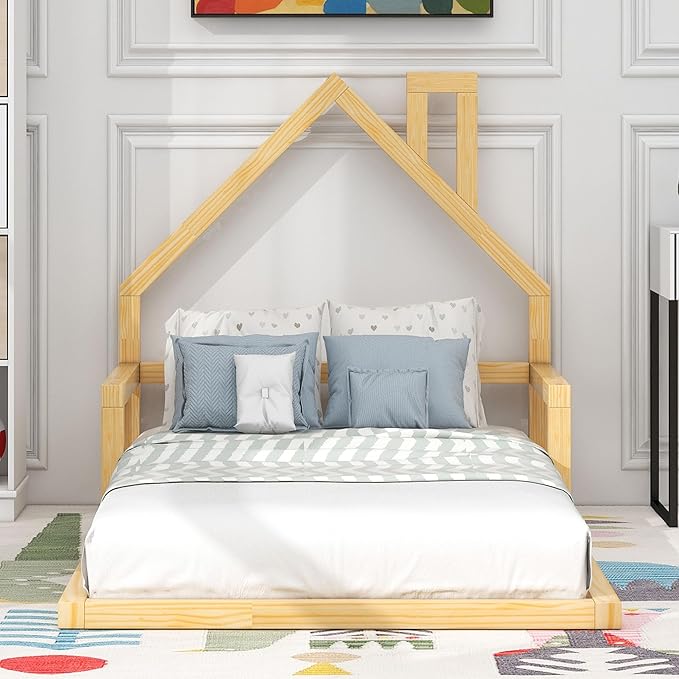Harper & Bright Designs Twin Size Floor Bed with House Shaped Headboard, Montessori Floor Bed for Kids, Solid Wood Low Bed Frame for Bedroom, Playroom, Wooden Slats Support, Natural