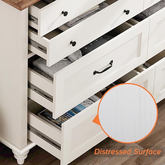 WAMPAT Kids Dresser for Nursery with 8 Drawers, Off White Baby Dresser for Kids Room, Wide Wooden Chests & Dressers for Bedroom, Distressed Mid Centuy Storage Organizer for Child’s Room, 54 Inch