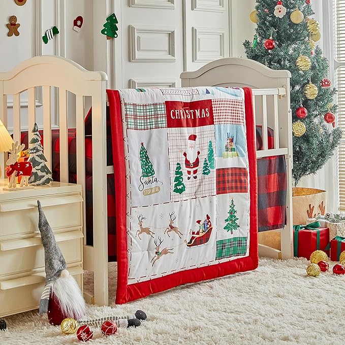 Christmas Red Crib Bedding Set 3 Pieces New Year Style Quilted Plaid Comforter with Fitted Sheet and Bed Skirt - Cute Santa Claus Snowman Tree Deer Design Baby Gift Crib Bed Set