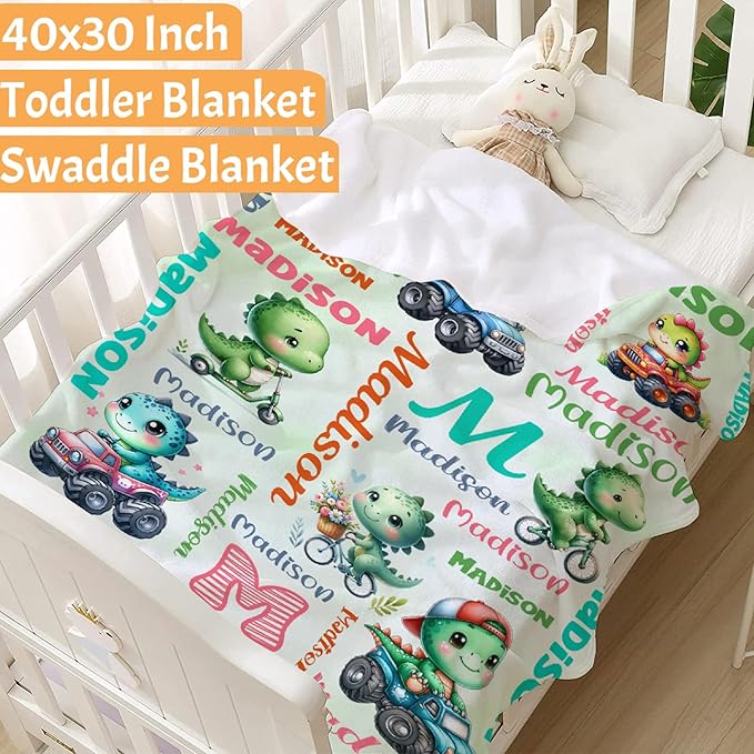 Custom Dinosaur Truck Blanket for Kids - Personalized Funny Dinosaur Gifts with Name - Plush Soft Warm Lightweight Flannel Throw Sheet Decor for Boys Girls Toddler Newborn Crib Nap Couch - 30"X40"