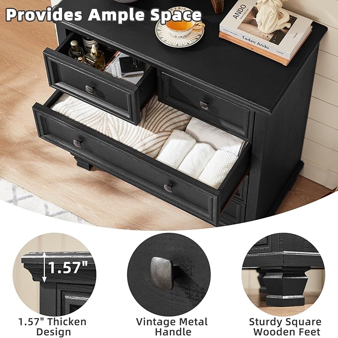 Farmhouse Bedroom Dresser and Nightstand Set of 4, 6 Drawer Low & 5 Drawers Dresser & 2 Drawer Nightstand Set, Rustic Wood Furniture Set for Bedroom, Hallway, Black