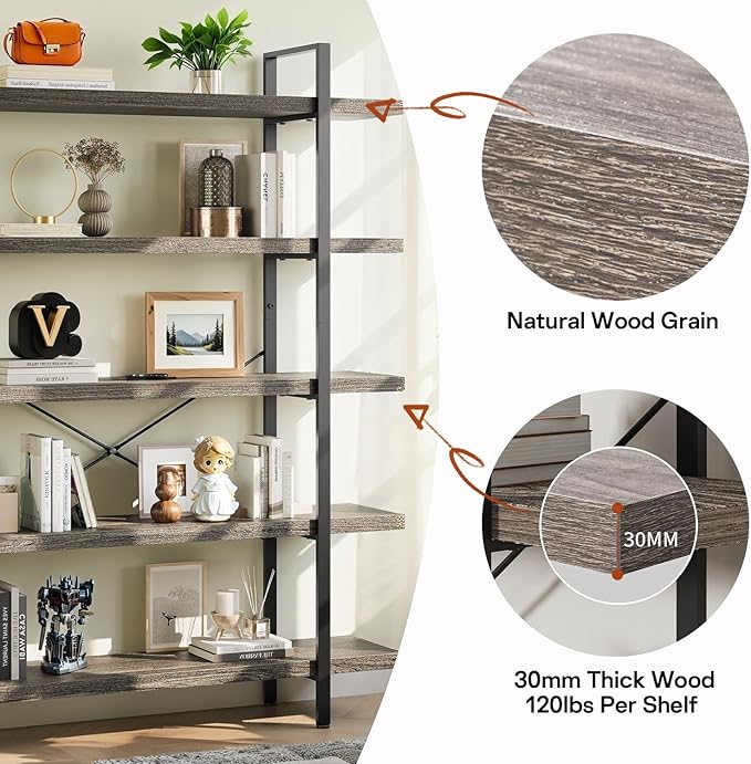 Bookcase, 47 Inch Wide Wood Bookshelf, 120lbs Shelf Capacity, Rustic Open Shelving Industrial Display with Reinforced Horizontal Shelves for Living Room Bedroom Office (5 Tier - Grey) 2 Set