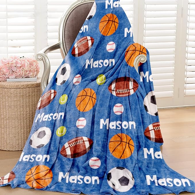 Personalized Ball Blanket with Name for Boys, Custom Name Blanket for Teen Ball, Soft Flannel Ball Blankets Customized Gift for Birthday 50"x60"