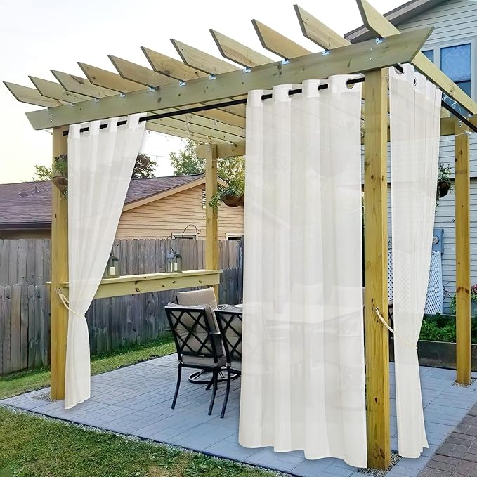 NICETOWN Beige Sheer Curtains for Patio Waterproof, Thermal Insulated Top and Bottom Grommet Durable Privacy Indoor Outdoor Vertical Drapes for Sliding Door/Living Room, 2 Panels, W54 x L96