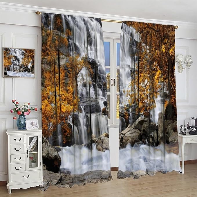 Autumn Tree Leaf Blackout Curtains, Landscape Nature Forest Lake Waterfall Rod Pocket Window Drapes, for Bedroom Living Room 63" W X 72" L