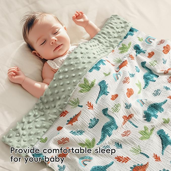 david's kids Muslin Minky Baby Blanket for Boys Girls with Muslin Cotton Front and Dotted Fleece Backing, Breathable and Soft Lightweight Receiving Blanket for Newborns, 30x40 Inches, Dinosaur
