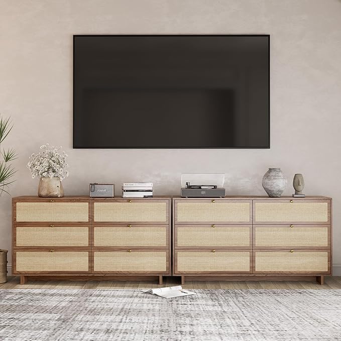 6 Drawer Dresser for Bedroom, 57in Wide Rattan Dresser, Boho Chest of Drawers, Wooden Chest with Clothes Storage Cabinet, Drawer Organizer for Bedroom, Living Room, Hallway, Walnut