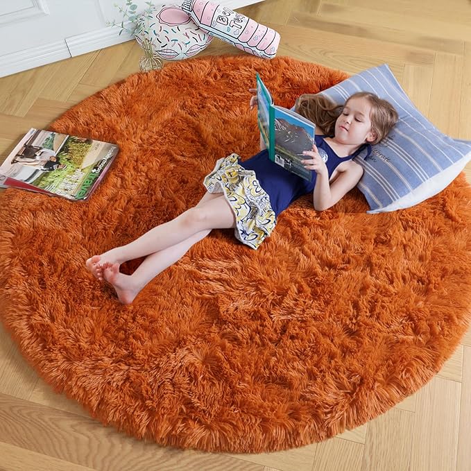Amdrebio Burnt Orange Round Circle Rug 4Ft for Bedroom Living Room Aesthetic, Fluffy Fuzzy Furry Shaggy Area Rugs for Kids Room Decor, Small Plush Shag Dark Orange Carpet for Nursery Dorm Classroom