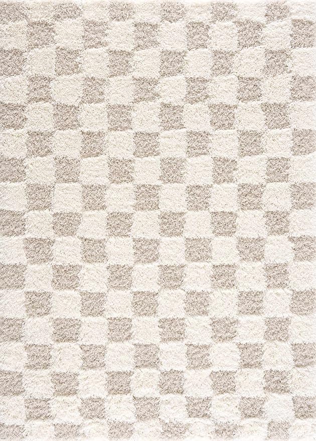 BoutiqueRugs Atira Modern Checkered Shag Runner Rug - High Pile Fluffy Shaggy Carpet for Hallway, Kitchen, Nursery, Playroom - Beige, Cream, White - 2'7" x 10' (2x10)