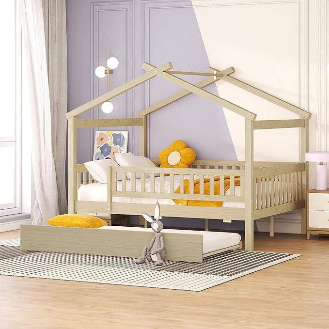 Harper & Bright Designs Full House Bed with Trundle, Kids Platform Frame Rails and Roof, Tent Bed, Wood Playhouse Montessori for Teens Girls Boys, No Box Spring Needed (Natural)